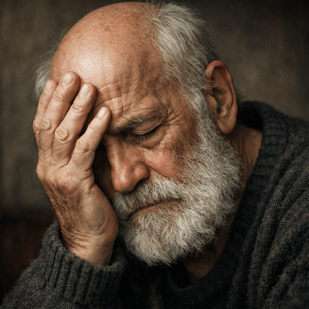 Elderly man with white beard holding his head with his hand, eyes closed, looking distressed.